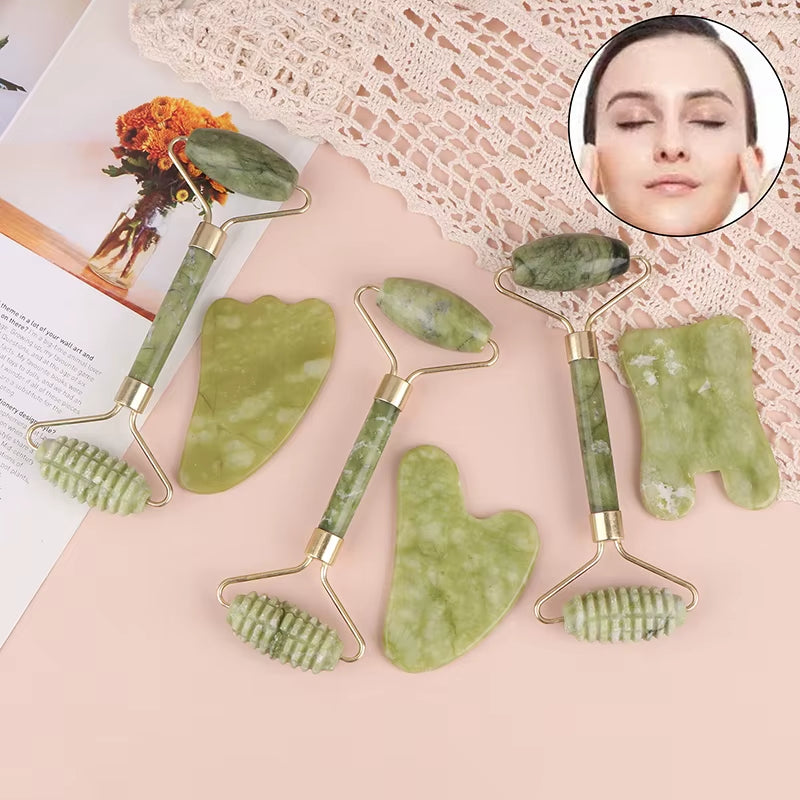 2Pcs Jade Roller and Gua Sha Set Face Massager Jade Stone Reduces Puffiness Wrinkles Reveals