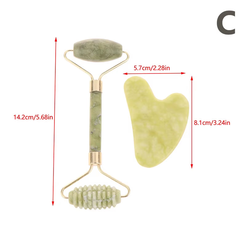 2Pcs Jade Roller and Gua Sha Set Face Massager Jade Stone Reduces Puffiness Wrinkles Reveals