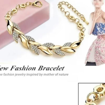 Delysia King Women Inlaid Crystal Golden Leaf Bracelet Trendy Bride Wedding Jewelry