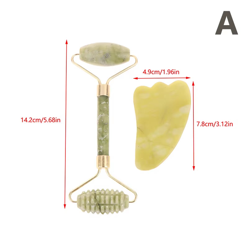 2Pcs Jade Roller and Gua Sha Set Face Massager Jade Stone Reduces Puffiness Wrinkles Reveals