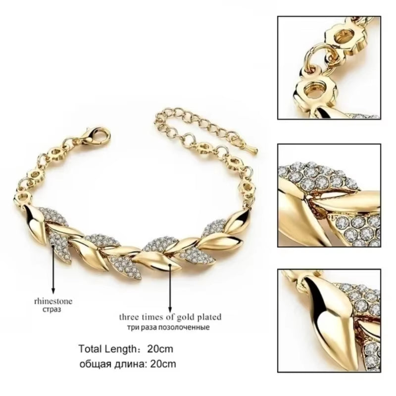 Delysia King Women Inlaid Crystal Golden Leaf Bracelet Trendy Bride Wedding Jewelry