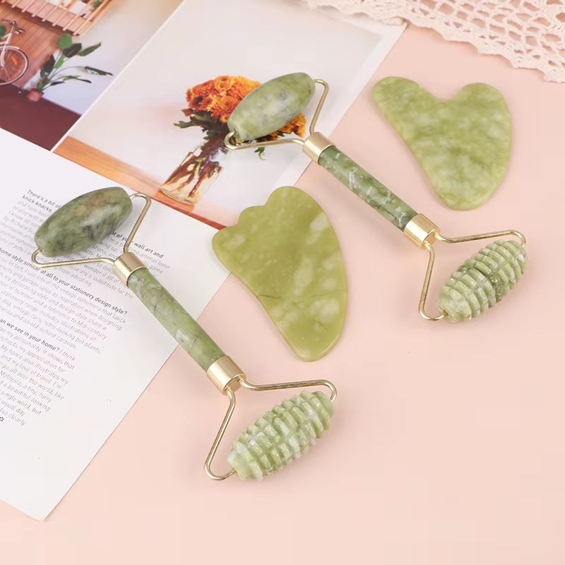 2Pcs Jade Roller and Gua Sha Set Face Massager Jade Stone Reduces Puffiness Wrinkles Reveals