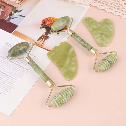 2Pcs Jade Roller and Gua Sha Set Face Massager Jade Stone Reduces Puffiness Wrinkles Reveals