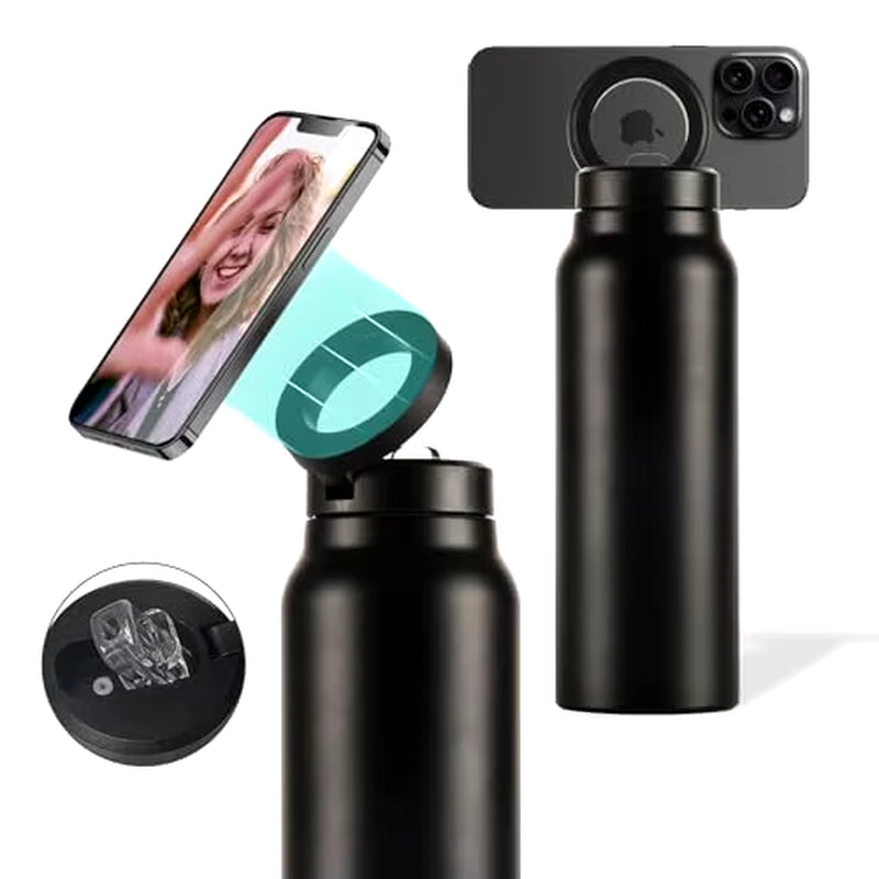 Insulated Water Bottle Compatible Magsafe Water Bottle with Phone Holder,Stainless Steel Water Bottle with Magnetic Phone Tripod