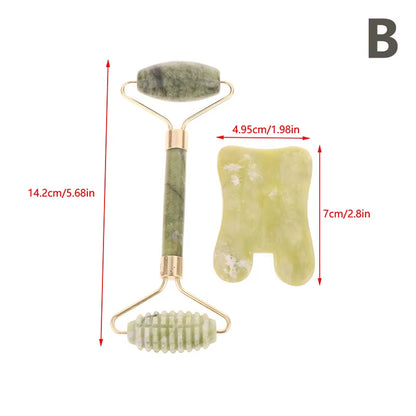 2Pcs Jade Roller and Gua Sha Set Face Massager Jade Stone Reduces Puffiness Wrinkles Reveals