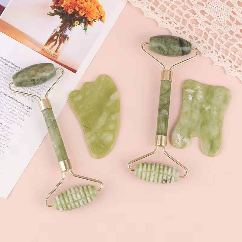 2Pcs Jade Roller and Gua Sha Set Face Massager Jade Stone Reduces Puffiness Wrinkles Reveals