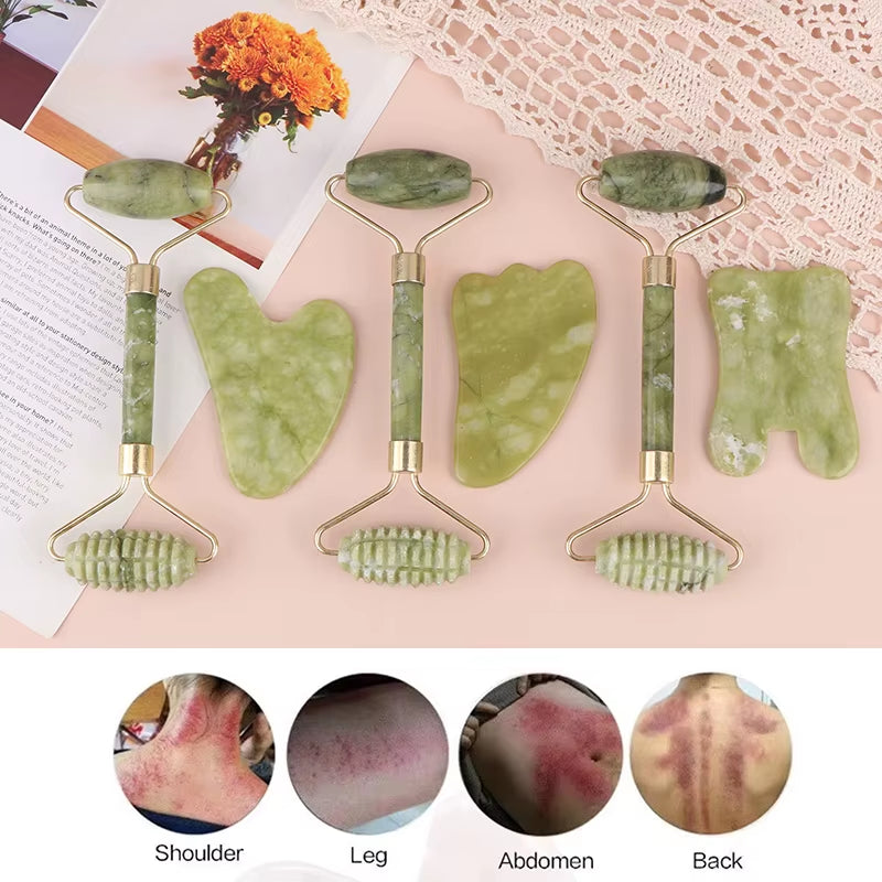 2Pcs Jade Roller and Gua Sha Set Face Massager Jade Stone Reduces Puffiness Wrinkles Reveals