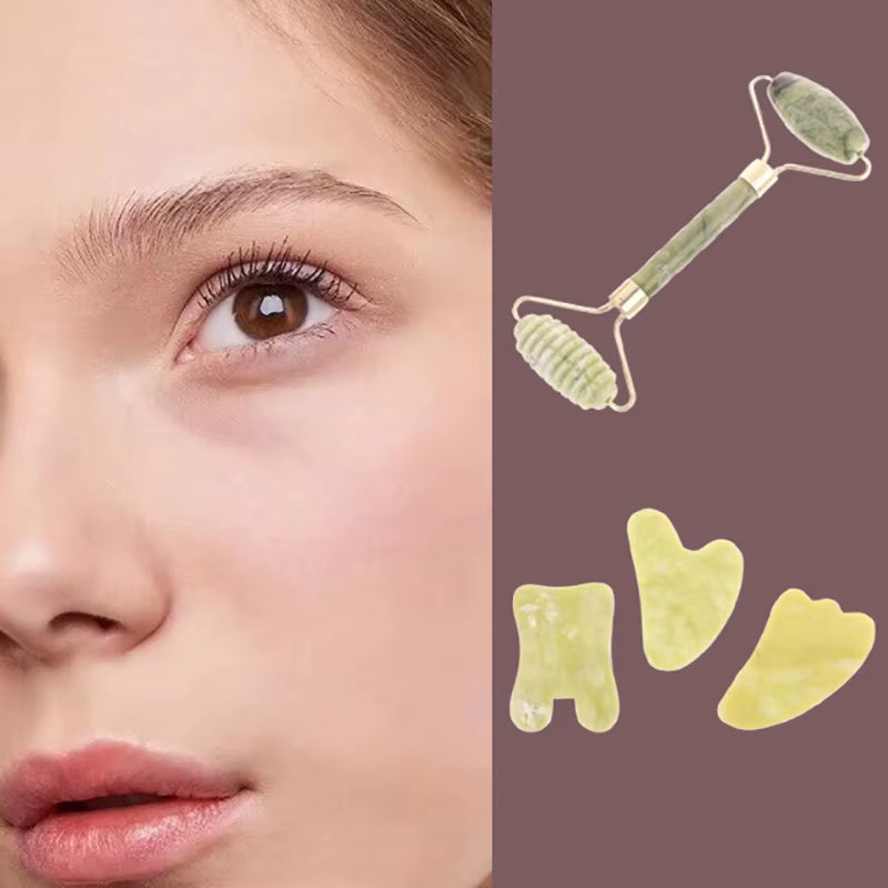 2Pcs Jade Roller and Gua Sha Set Face Massager Jade Stone Reduces Puffiness Wrinkles Reveals